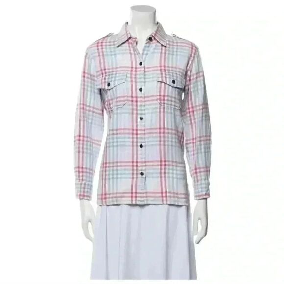 Current Elliott Blue Plaid Long Sleeve Button Up Top Size 2 Small - Picture 1 of 10